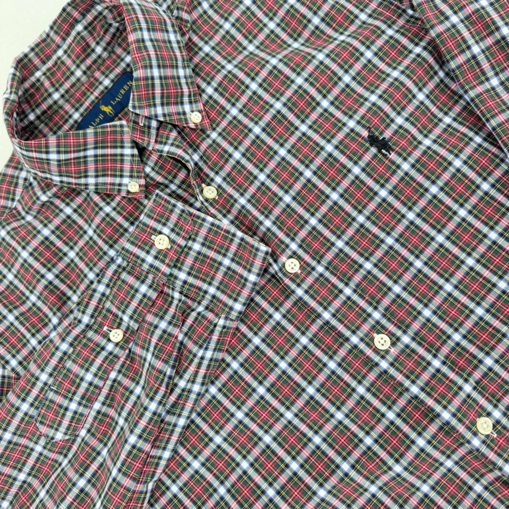 Ralph Lauren Button Down Shirt Mens 16 41 Lg Red Green Plaid Cotton Excellent